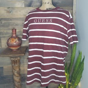 Guess Brand Mens Tshirt Horizontal Burgundy/Dark Red, White Stripes